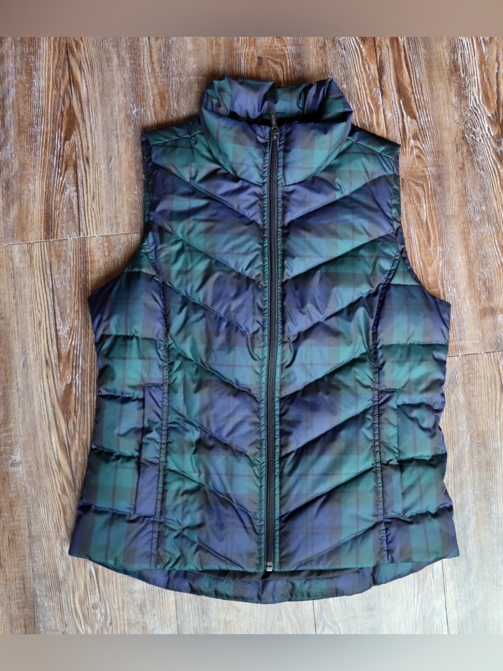 Lands' End Black Watch Plaid Puffer Vest Chevron Quilted Preppy Womens XS 2-4